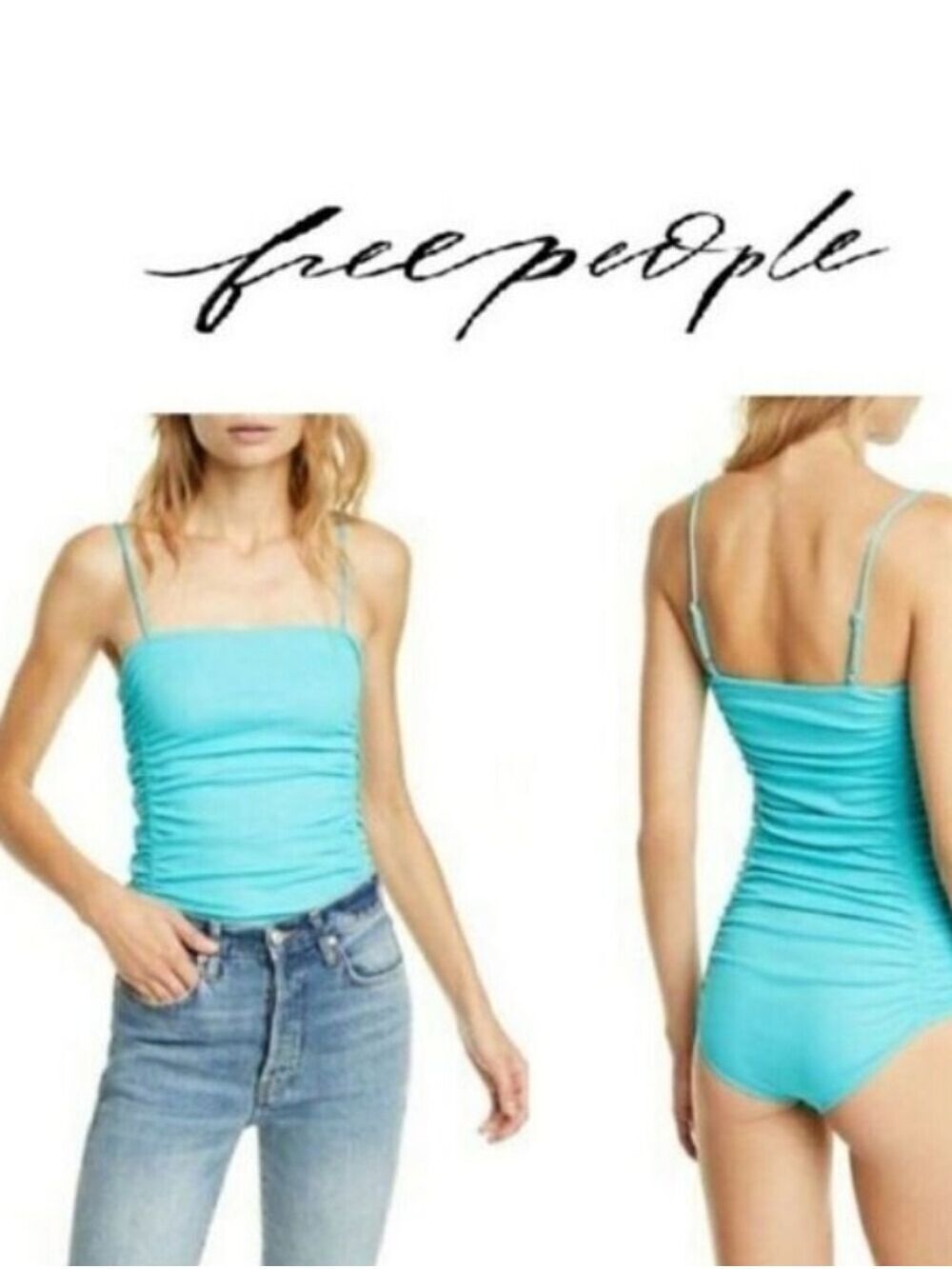 Free People On Your Side Corsican Coast Blue Square Neck Ribbed Bodysuit Size XS
